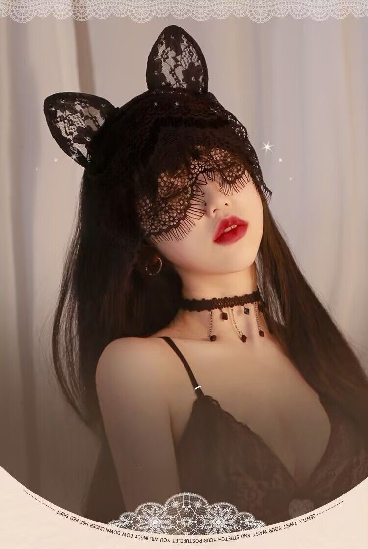 Black Lace Cat Ears Veil Mask Gothic Masquerade Costume Headpiece